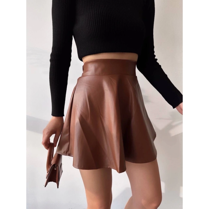 Beli lastikli deri etek kahve s24599