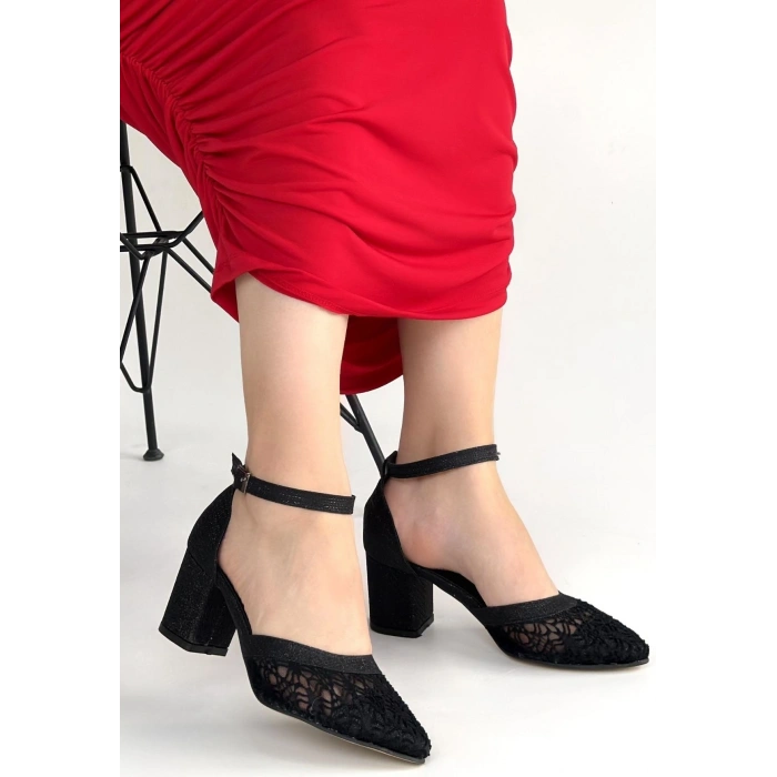 Dmop Siyah Cilt Simli Tül Detaylı Topuklu Ayakkabı