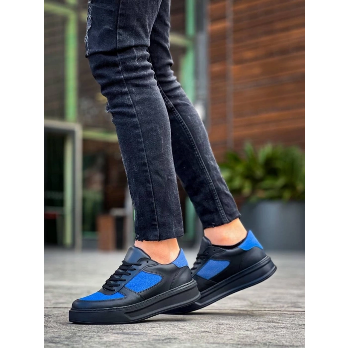 KB-X8 Kuback Siyah Cilt Mavi Süet Detaylı Siyah Yüksek Taban Günlük Spor Ayakkabı