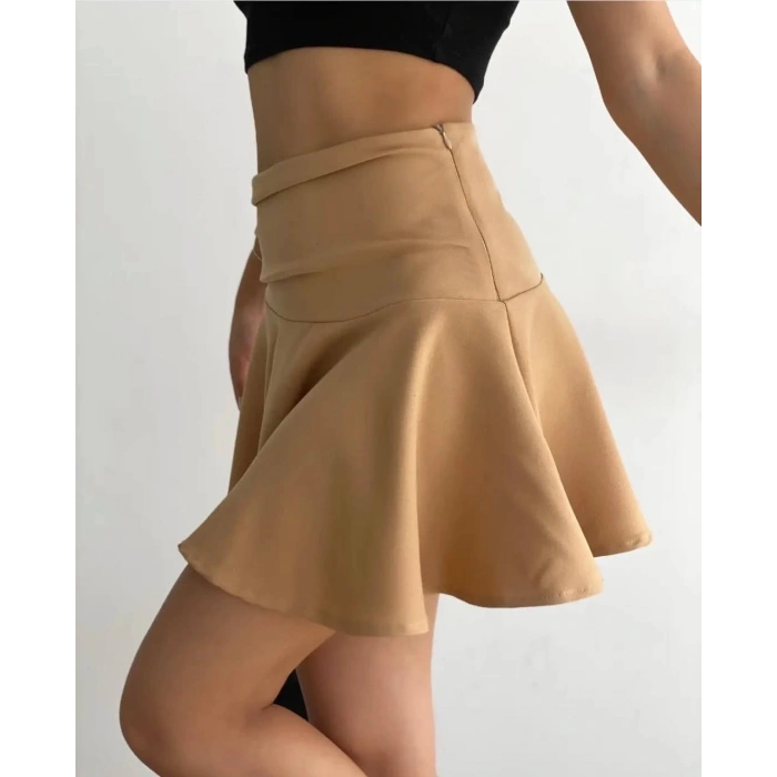 Kemerden büzgülü etek camel