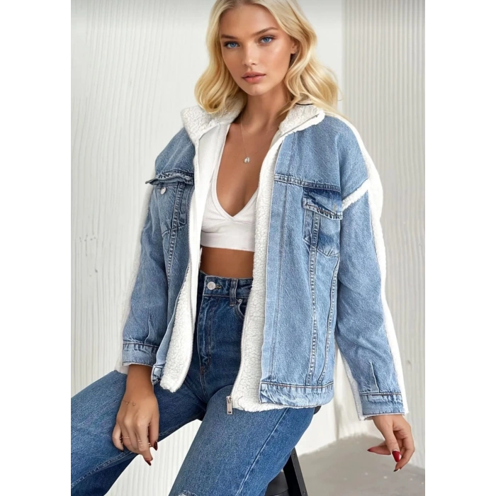 Kürklü kot ceket mavi t7009