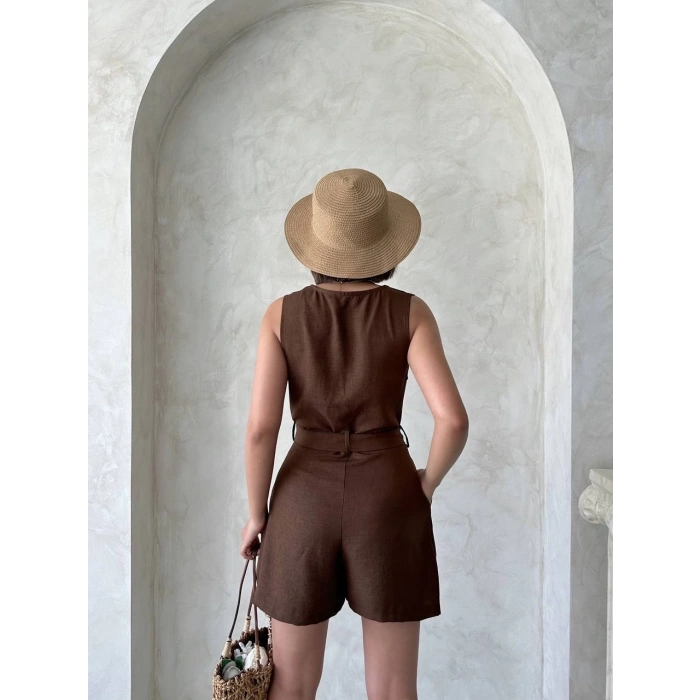 Kuşaklı şortlu tulum