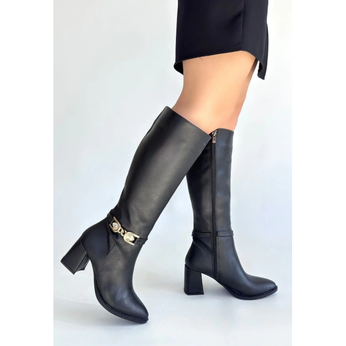 Mooni Siyah Cilt Topuklu Çizme