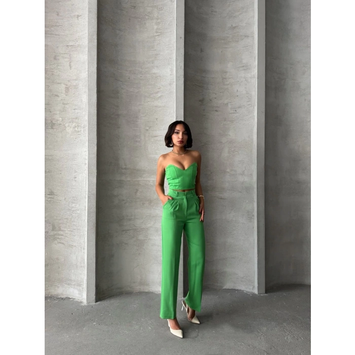 Palazzo pantolonlu alt üst takım yeşil