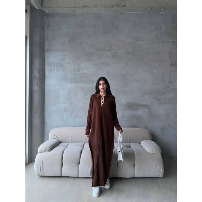 Pantolon yırtmaçlı elbise ikili triko takım kahve elf