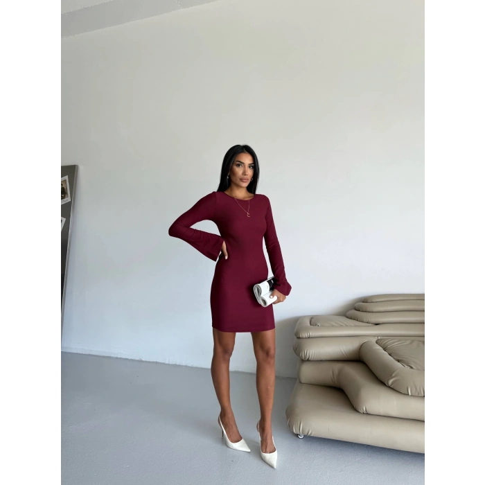 Prenses kol esnek kumaş elbise bordo f2334