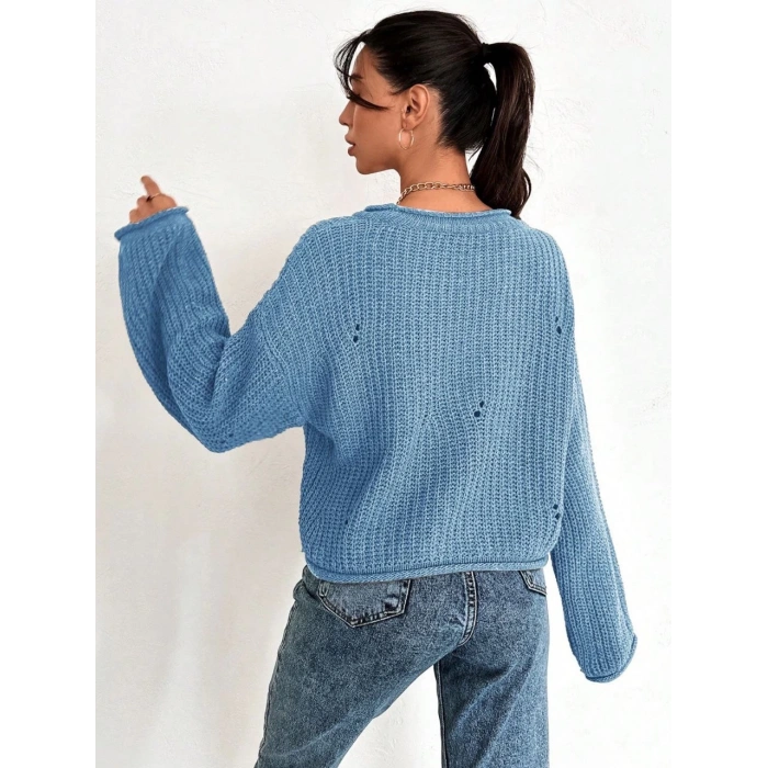 Salaş delik detaylı kazak mavi