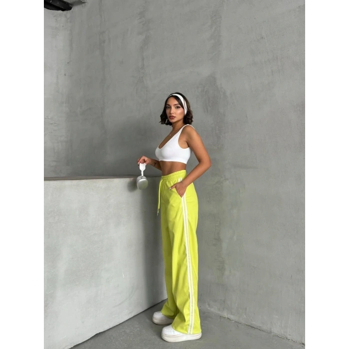 Şeritli deri pantolon yeşil h26430