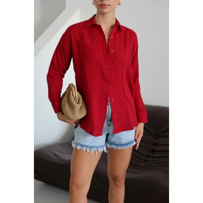 Tek cepli müslin gömlek bordo pt