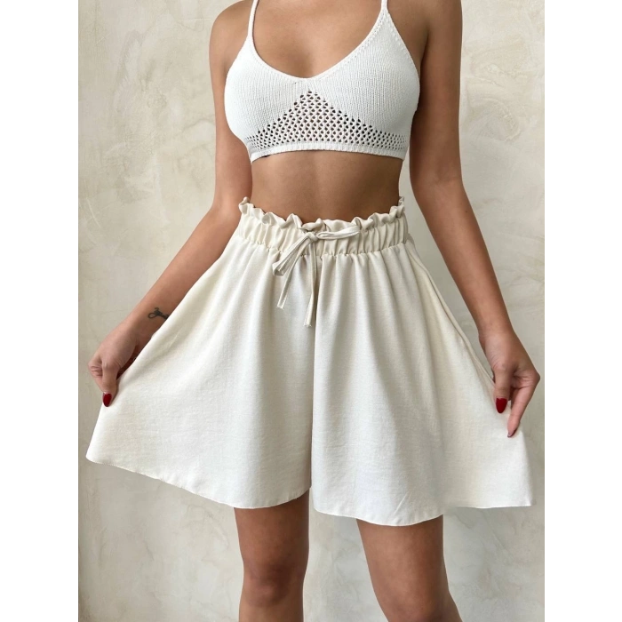 Volanlı keten şort bej s255058