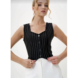 Çizgili krep düğmeli yelek siyah s3395