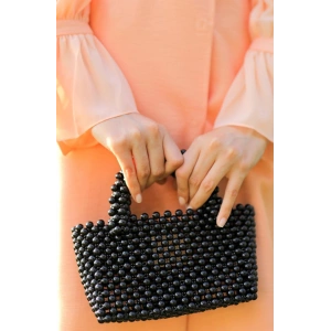 El yapımı incili yuvarlak kol çanta siyah