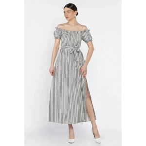 Madonna yaka midi yırtmaçlı kuşaklı keten elbise