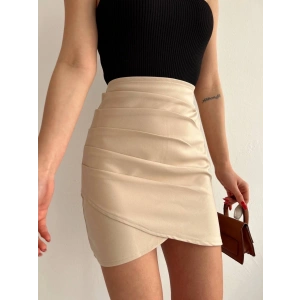 Yandan drapeli asimetrik etek bej s24771