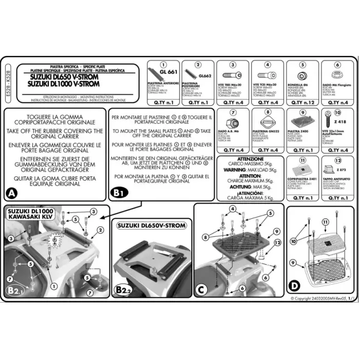 KAPPA K528 SUZUKI DL 650-1000 V-STROM (02-11) - KAWASAKI KLV 1000 (04-10) ARKA ÇANTA TAŞIYICI