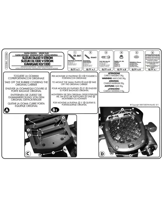 GIVI E528M SUZUKI DL 650-1000 V-STROM (02-11) - KAWASAKI KLV 1000 (04-10) ARKA ÇANTA TAŞIYICI