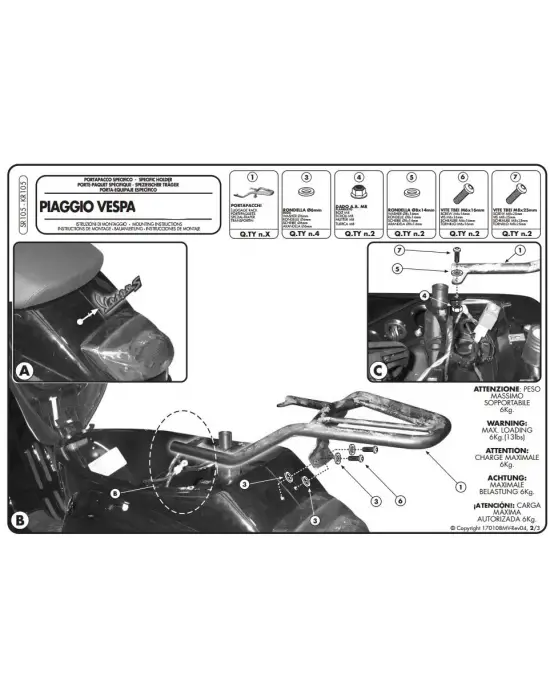 GIVI SR105 PIAGGIO VESPA LX - S 50-125-150 (05-14) ARKA ÇANTA TAŞIYICI