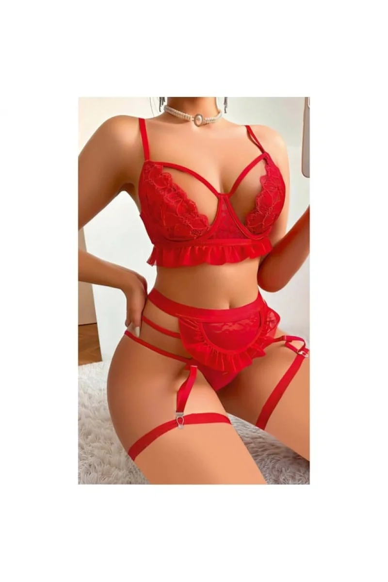 Midnight Burgundy Zincir Detaylı Jartiyerli Büstiyer & İç Giyim Seti