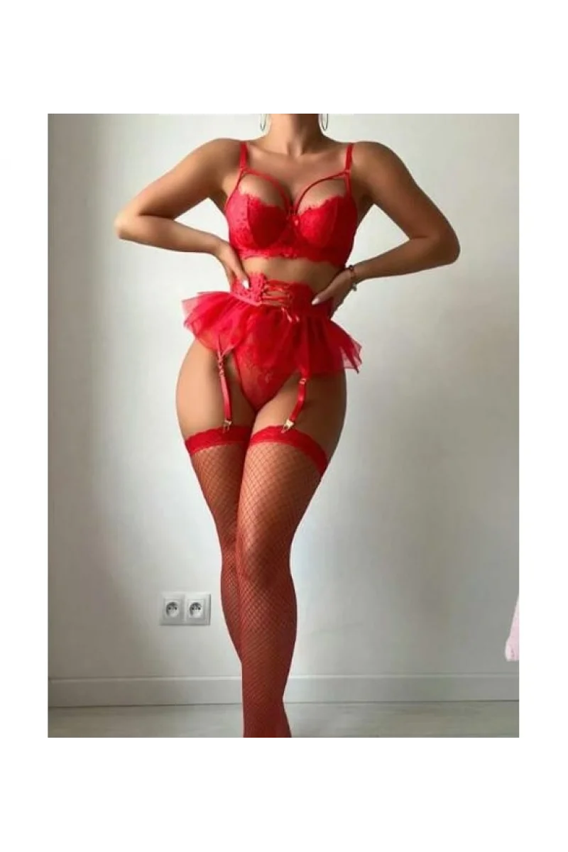 Kırmızı Tül Etekli Fantazi Jartiyer Fantezi Takım