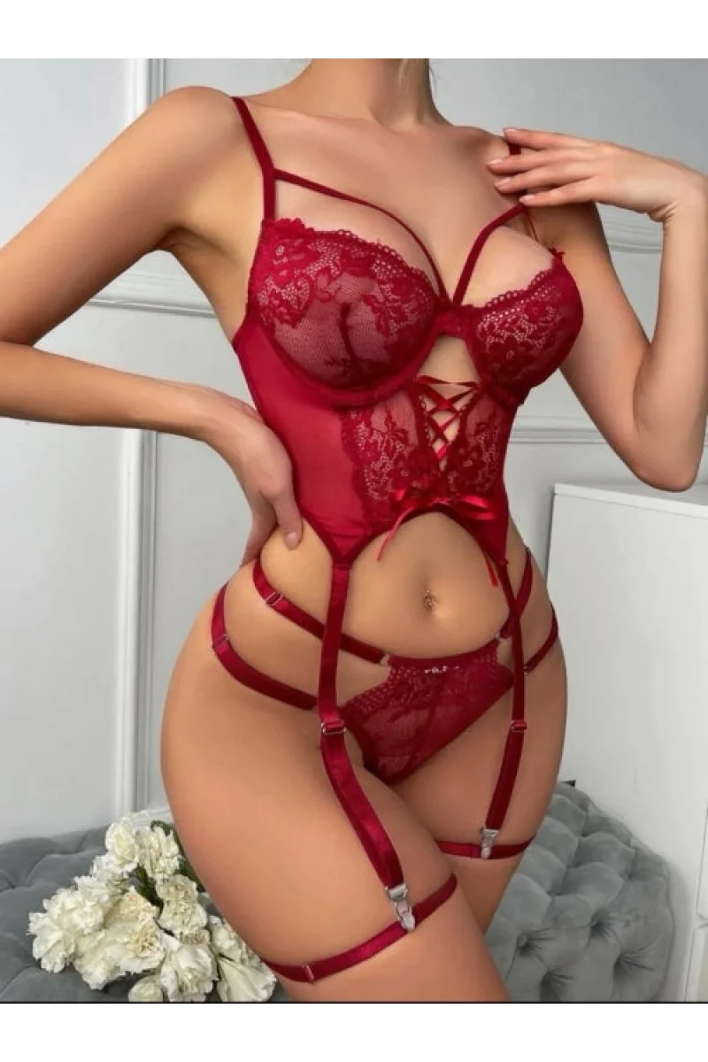Bordo Dantel İşlemeli ve Saten Kurdele Detaylı Jartiyer Takımı | Deep Crimson Koleksiyonu