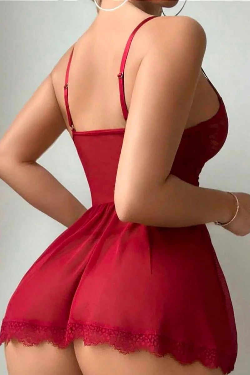 Bordo Örgü Ve Kurdele Detaylı Askılı Gecelik Takımı