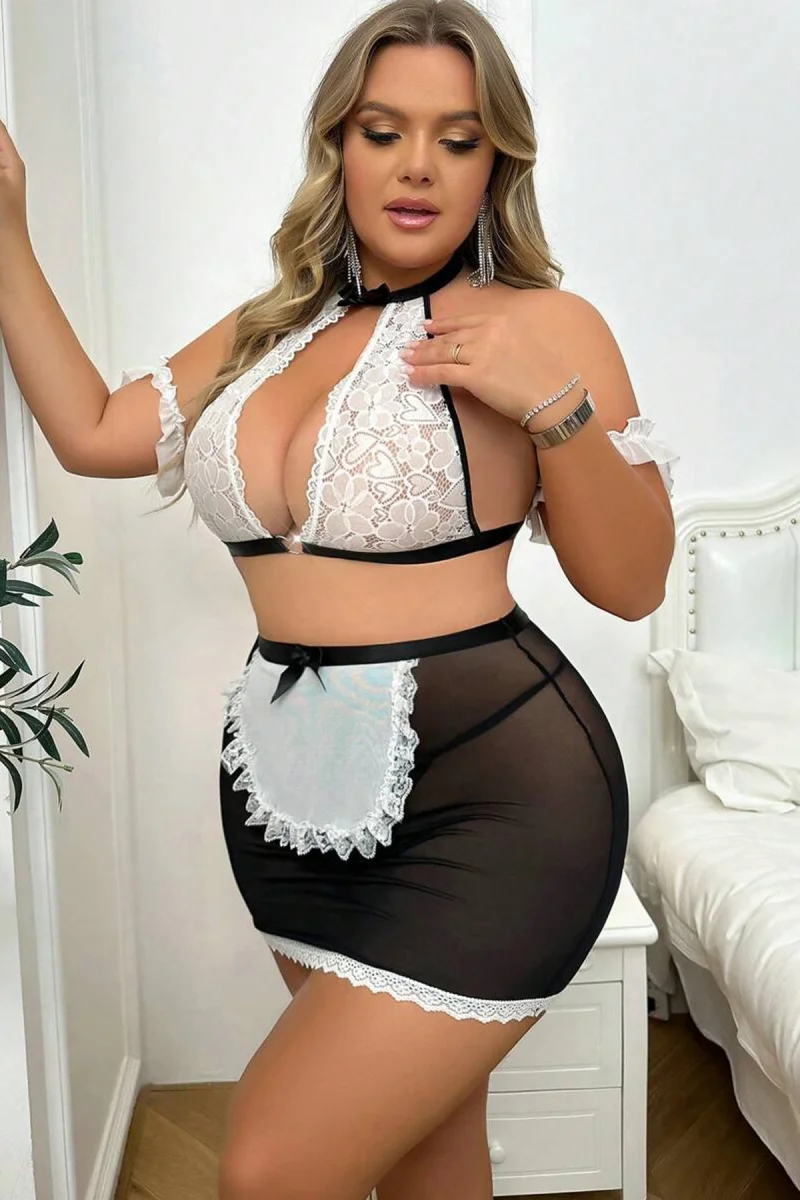 Curvy Grace – Büyük Beden Dantel İşlemeli ve Transparan Detaylı Lüks Kostüm Seti