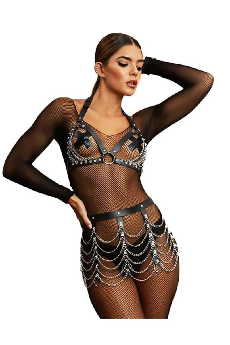 Siyah Deri Görünümlü ve Gümüş Zincir Detaylı Göğüs Harness | Noir Chrome Koleksiyonu