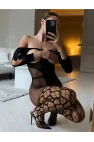 Siyah Geometrik File Detaylı Dikişsiz Vücut Çorabı | Modern Lüks Bodystocking