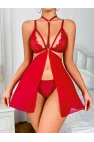 Passionate Red V-Neck Transparan Tül Gecelik & String Takım