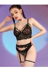 Siyah Floral Dantel İşlemeli ve Geometrik Askılı Jartiyer Takımı | Noir Muse Koleksiyonu