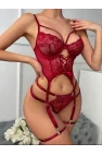 Bordo Dantel İşlemeli ve Saten Kurdele Detaylı Jartiyer Takımı | Deep Crimson Koleksiyonu