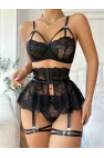Siyah Floral Dantel İşlemeli ve Göğüs Bağlamalı Jartiyer Takımı | Noir Muse Koleksiyonu