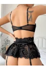 Siyah Floral Dantel İşlemeli ve Göğüs Bağlamalı Jartiyer Takımı | Noir Muse Koleksiyonu