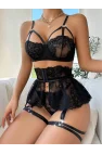 Siyah Floral Dantel İşlemeli ve Göğüs Bağlamalı Jartiyer Takımı | Noir Muse Koleksiyonu