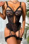 Siyah Floral Dantelli ve Bacak Bantlı Bodysuit Jartiyer Takımı | Midnight Bondage Serisi