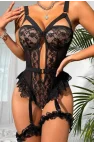 Siyah Floral Dantelli ve Bacak Bantlı Bodysuit Jartiyer Takımı | Midnight Bondage Serisi