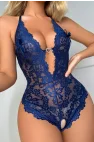 Lacivert Floral Dantel İşlemeli ve Altı Açık Bodysuit | Midnight Blue Lace Serisi
