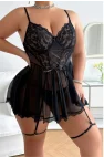 Siyah Bacak Bantlı Seksi Mini Fantezi Gecelik