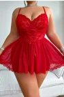 Kırmızı Bacak Bantlı Seksi Mini Fantezi Gecelik