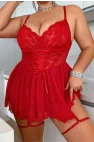 Kırmızı Bacak Bantlı Seksi Mini Fantezi Gecelik