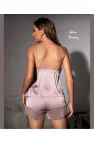 Soğuk Bej Dantel Detaylı V Yaka Saten Şortlu Takım | Nude Luxury Koleksiyonu