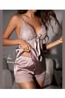 Soğuk Bej Dantel Detaylı V Yaka Saten Şortlu Takım | Nude Luxury Koleksiyonu