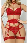 Crimson Desire Zincir Detaylı Dantelli Jartiyer & Büstiyer Seti