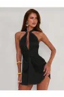 Siyah Büzgü Detaylı ve Metal Halka Aksesuarlı Mini Elbise | Dark Glam Koleksiyonu