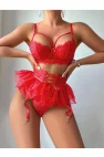 Kırmızı Tül Etekli Fantazi Jartiyer Fantezi Takım