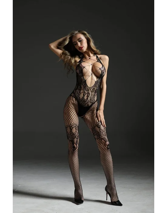 Siyah File ve Dantel Detaylı Vücut Çorabı | Lüks ve Baştan Çıkarıcı Bodystocking