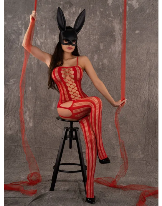 Seksi Kırmızı Jartiyer Kesim Vücut Çorabı – Çarpıcı Çizgiler, Kusursuz Silüet ve Lüks Tasarım