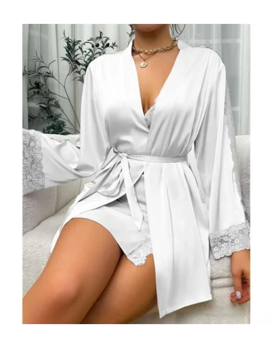 Beyaz İpeksi Saten Sabahlık ve Gecelik Seti | Saf Lüks ve Zarafet