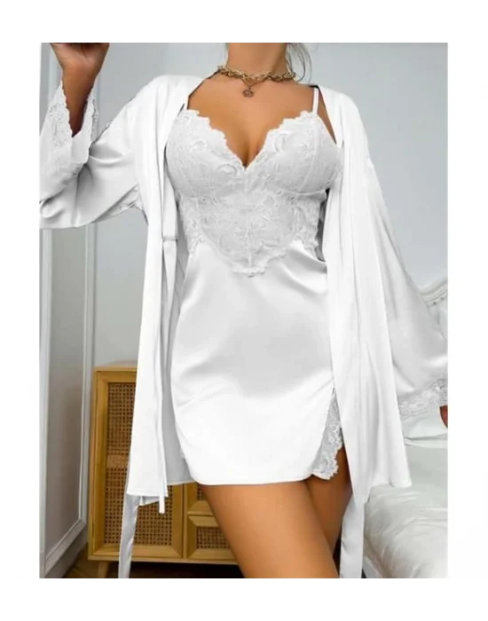 Beyaz İpeksi Saten Sabahlık ve Gecelik Seti | Saf Lüks ve Zarafet