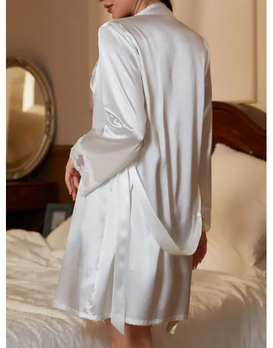 Siyah Floral Nakışlı İnce Askılı Saten Gecelik ve Sabahlık Seti | Botanik Lüks Koleksiyonu